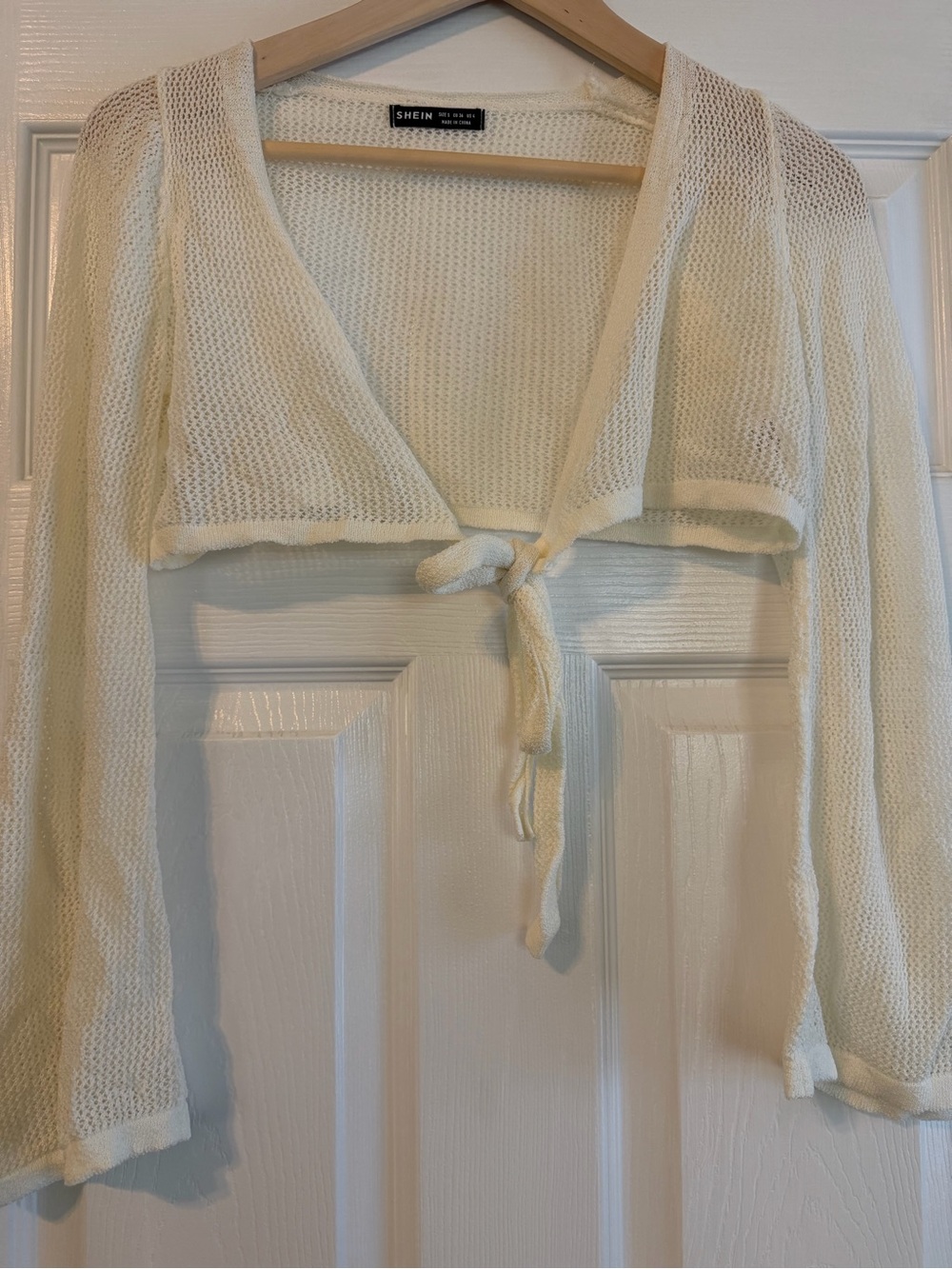 SHEIN Cream Open-Knit Tie-Front Shrug Cardigan